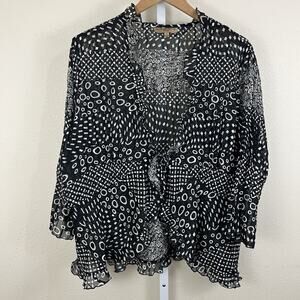 Y2K Notations Sheer Ruffle Tie Blouse 1X Black White Abstract Patchwork Witchy
